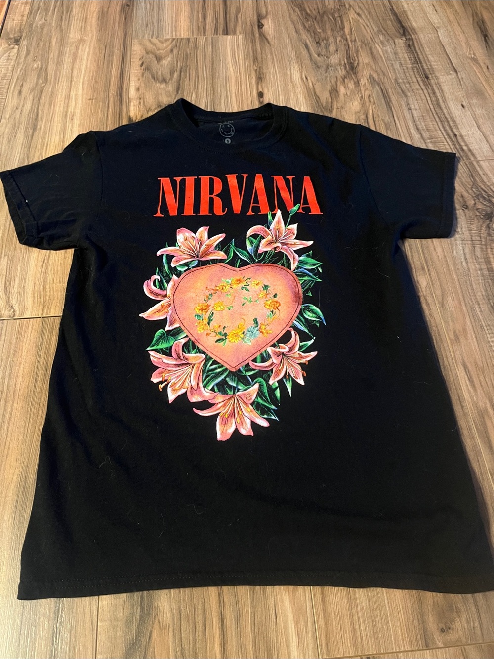 NIRVANA Black Tee with Red Logo and Pink Floral Heart